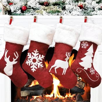 2024 Коледни чорапи Подаръчна торбичка Червен конопен лос Бродирани коледни чорапи Коледен подарък Коледна висулка