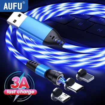 AUFU 3A LED магнитен USB кабел 540 Завъртете бързо зареждане Micro USB тип C кабел за Xiaomi Poco магнитно зарядно телефон данни кабел