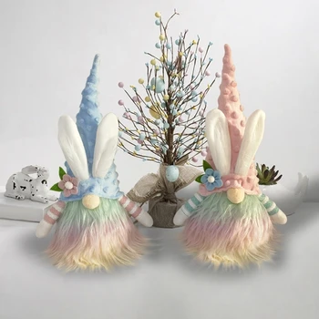 Великденски зайче гном, носещ шапка пролетна декоративна кукла дете подарък за училище офис общежитие настолна декорация аксесоар