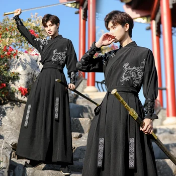 Древна китайска рокля Ханфу Мъже Традиционна бродерия рокли Китай стил бойни изкуства косплей костюм кимоно студент униформа