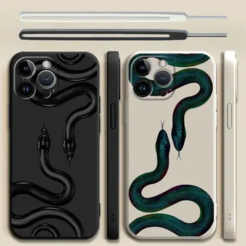 Калъф за iPhone 11 Pro XR XS X 14 Pro Max 15 Plus 7 8 13 Mini 12 SE 13 Pro 8 Квадратен течен капак Луксозна печатна броня Snake Art