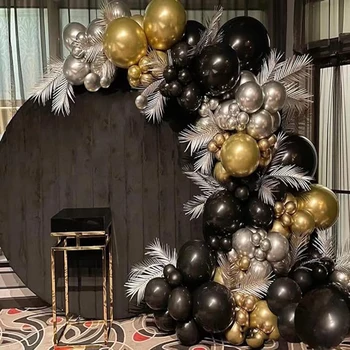 Метално злато Сребърни балони Венец арка комплект Детски рожден ден Дипломиране Декор Черен балон Годишнина от сватбата