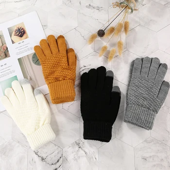1 чифт мъжки и дамски плътен цвят топъл пълен пръст зимен сензорен екран подплатени ръкавици студени топли вълнени плетени ръкавици