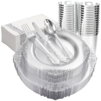 10Pcs еднократна прибори за хранене прозрачна сребърна пластмасова тава за еднократна употреба сребро рожден ден сватбено тържество доставки