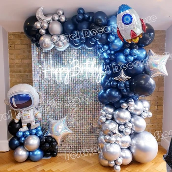 126pcs Ракета астронавт космическа тема Navy Blue металик Sliver латекс балон венец арка момчета рожден ден