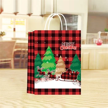 12Pcs / комплект Коледна чанта за подаръци Голям капацитет Крафт хартия пазаруване Бъдни вечер бонбони подарък хартиена торба бисквитка Коледа опаковка чанта
