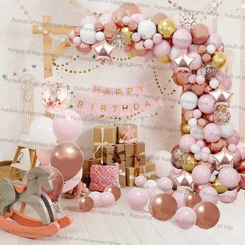 143Pcs розово злато балон арка бял розов звезда форма конфети латекс балон венец за рожден ден парти Коледа сватба декор