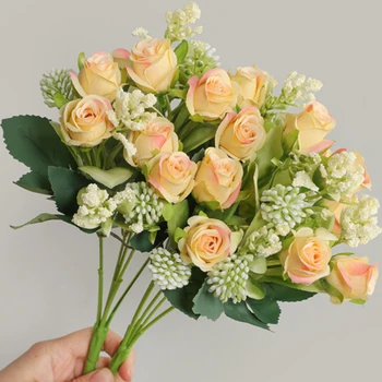 15 главата копринен чай роза изкуствени цветя малък букет сватбено тържество ваза за декорация на дома фалшиво цвете