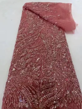 2022 Луксозен френски 3D формован тюл дантелен плат Висококачествени африкански нетни дантелени тъкани с пайети за вечерни рокли