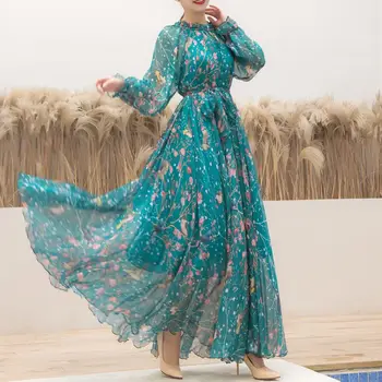 2023 Boho цветен печат парти рокля жени Vestidos елегантен мода хлабав шифон дълъг ръкав мюсюлмански Abaya ислямски облекло роба