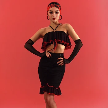 2023 Нови латино танцови костюми за жени Секси висящи врата топ поли костюм женски възрастен латино танц конкурс облекло DQS12667