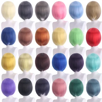 35см къса перука черно бяло лилаво синьо червено жълто Високотемпературни влакна синтетични перуки костюм парти косплей перука 33 цвят