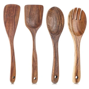 4 броя дървени кухненски прибори комплект,незалепващо дърво лъжици за готвене Spurtle шпатула салата лъжица вилица,кухненски съдове за готвене