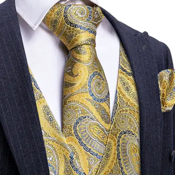 4PC мъжки екстра копринена жилетка парти сватба злато Пейсли твърди флорални жилетка жилетка джоб квадратна вратовръзка костюм комплект Barry.Wang BM-2017