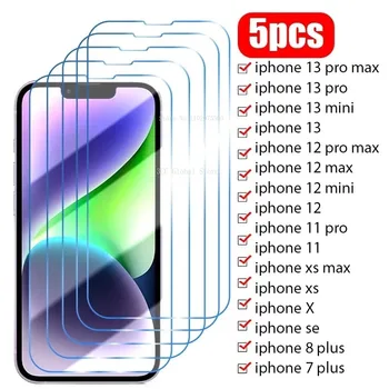 5Pcs 9H закалено стъкло за iPhone 14 15 Pro Max 13 12 Mini 11 Pro скрийн протектор за iPhone 14 8 7Plus XR XS Max Glass