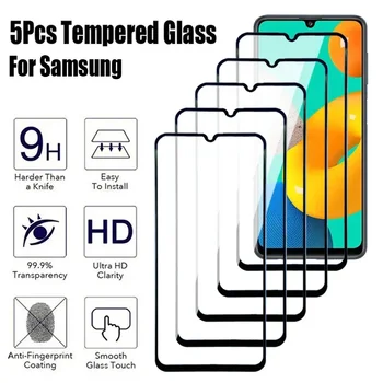 5Pcs пълно закалено стъкло за Samsung Galaxy A02 A12 A22 A32 A42 A52 A72 екран протектор M02 M12 M22 M32 M42 M52 M62 стъклен филм