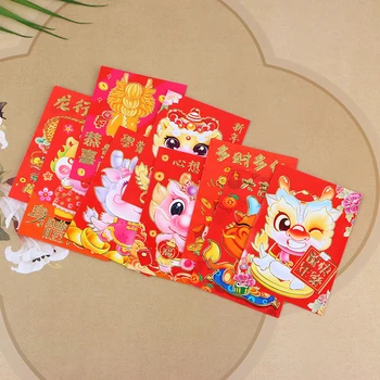 6Pcs китайски зодиак декоративни пликове китайски стил червен новогодишен пакет дракон чанта подарък хартия пари чанта сладък