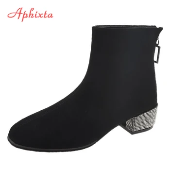 Aphixta кристали квадратни пета глезена ботуши за жени есен зима стадо обувки кристал цип мед 4 см токчета ботуши дама обувки