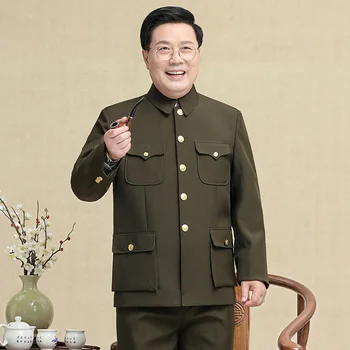 Army Green Zhongshan Suit Мъжки комплект Палто + Панталони Средна възраст Класическо военно облекло Пролет Есен Зима Ветеран Cadre Garment