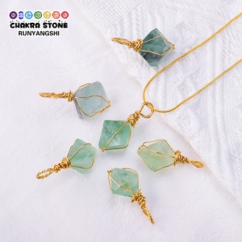 Charms Handmade Natural Healing Octahedron Green Fluorite Wire Wrapped Pendant Fluorite Raw Stone Necklace Women Jewelry Gift