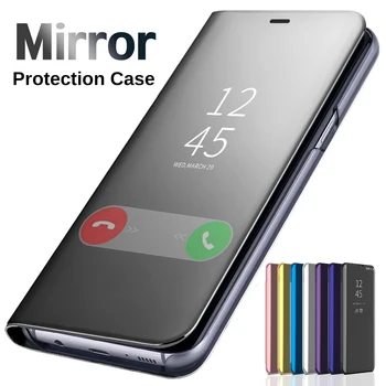 Clear View Mirror Flip Case за Samsung Galaxy S8 S9 S10 S20 S21 S22 S23 Plus Ultra Note 8 9 A30 A50 A70 Хромирана стойка за капак