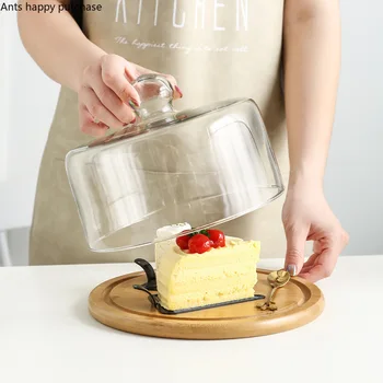 Creative Дървена тава за торти със стъклен капак Десерт Хляб Тава за закуски Свежо съхранение Анти-пепел капак Домакински тава за съхранение на храна Ново