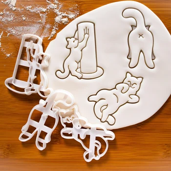 Cute Kitty Cookie Cutters Plastics 3D Cat Biscuit Embossing Stamp DIY Fondant Pastry Cake Decoration Baking Accessories