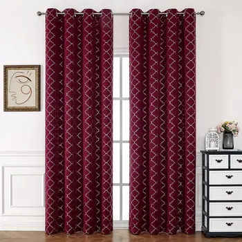 Full Blackout Curtains Burgundy Red Drapery with Gold Geometric Pattern Grommet Window Curtain for Bedroom, Living