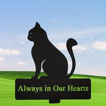 HelloYoung Cat Metal Grave Marker, Always In Our Hearts Memorial Stake Insert Cemetery Decor for Grave, Sympathy Funeral, Easter