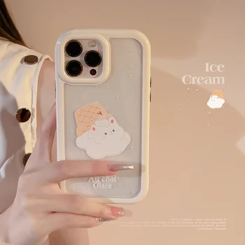 Kawaii Kitten Summer ice cream cat прозрачен калъф за телефон за iPhone 14 13 12 11 Pro Max 14 Plus X XR XS Case Cute Cartoon Cover