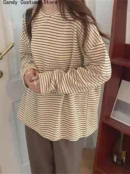 Lady Casual Full Sleeve Chic All Match Tops Coffee Stripes Cotton T-Shirts Women Loose-Fitting Autumn Hot Sale