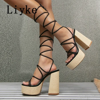 Liyke мода глезена кръст каишка платформа сандали жени лято отворен Toe площад високи токчета дамски парти рокля обувки размер 35-42