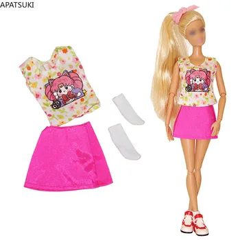 Pink модни дрехи комплект за кукла Барби тоалети сладко момиче цвете жилетка поли бели чорапи за Барби 1/6 кукли аксесоари