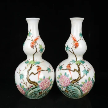 Qing Qianlong стил розово цвете птица шарени кратуна бутилка чифт домашни занаяти украшение хол офис георации