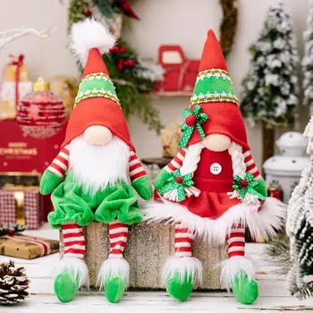 Soft Cotton Christmas Gnome Faceless Doll Home Decoration Red Green Patchwork Color Big Nose Long Leg Gnome Doll Gift