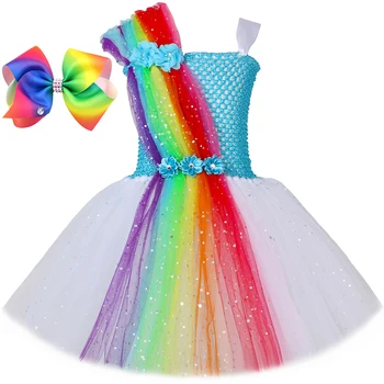 Sparkly Rainbow Tutu рокля за момичета сватба рожден ден топка рокля блясък тюл принцеса рокля деца Пурим карнавал костюм