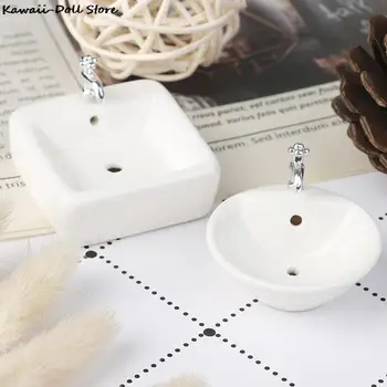 Square Dollhouse Мивка за баня 1:12 Миниатюрни керамични мивка баня мивка модел симулация аксесоар за куклена къща бял
