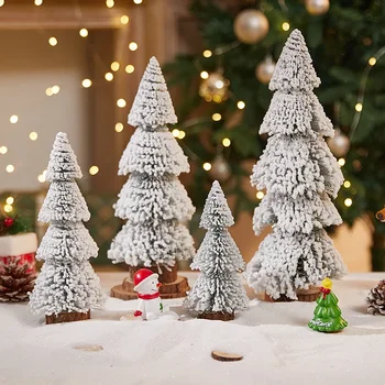 Tower Shaped Flocked Christmas Tree Mini Cedar Tree Desktop Ornament Home Christmas Decoration New Year Gift (Without Light)
