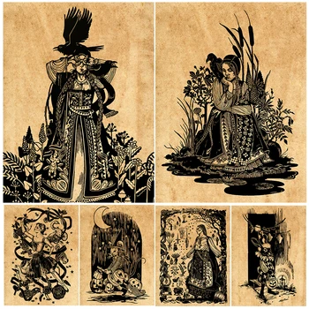 Woodland Wwitch,Хелоуин мишка,Реколта стена изкуство платно живопис Горската вещица с лампа изкуство плакат и печат декорация дома