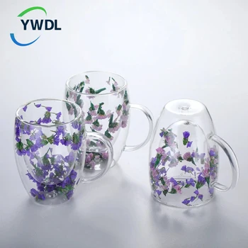 YWDL сушени цветя двойна стена стъклени чаши за кафе двойно изолирани стъклена чаша за момиче подарък Коледа подарък 350ml