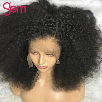 Афро извратени къдрава перука човешка коса GEM 26 инчов бразилски продажба дантела отпред къси перуки за черна жена естествен 13x4 дантела фронтална перука
