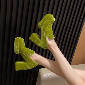 Буци токчета секси платформа квадратна глава зелена Мери Джейн обувки покритие облекло дизайн лято нов 2024 елегантен парти случайни обувки за ходене