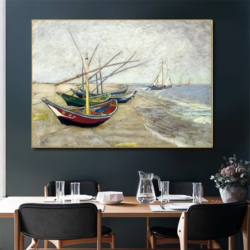 Ван Гог Рибарски лодки на плажа Платно живопис Морски пейзаж плакат и печат стена изкуство картина за хол Начало декор Cuadro