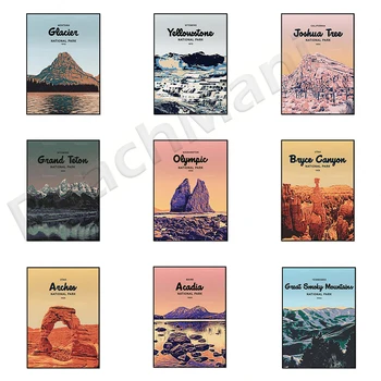 Гранд Тетон, Скалистите планини, Сион, ледника, Национален парк Брайс Каньон Art Print Glacier WPA стил плакат пътуване печат, Измиване
