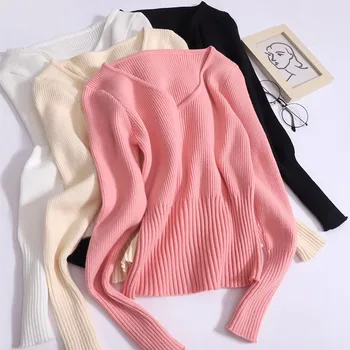 Дамски пуловер с дълъг ръкав v-образно деколте, основен плетен връх, тениска с висока разтеглива основа на момичето, Slim Fit, есен, зима