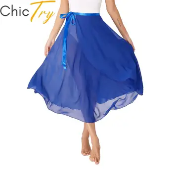 Дамски шифон балет танц пола дантела нагоре течаща пола лиричен модерен танц обучение костюм плътен цвят висока талия Midi поли