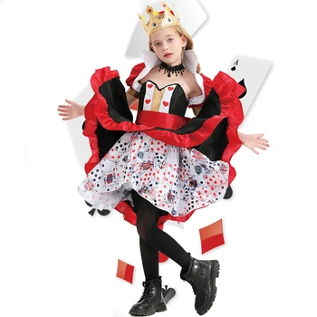 Детски момичета покер кралица косплей облекло дете Хелоуин карнавал парти Алиса в страната на чудесата праскова сърце кралица покер печатна рокля