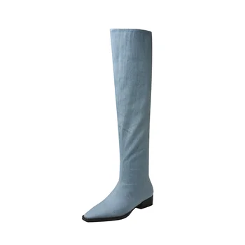 Дънкови дамски ботуши 2023 Луксозен дизайн Комфорт квадратна пета дамски обувки британски стил квадратна глава коляното високи ботуши Dropshopping
