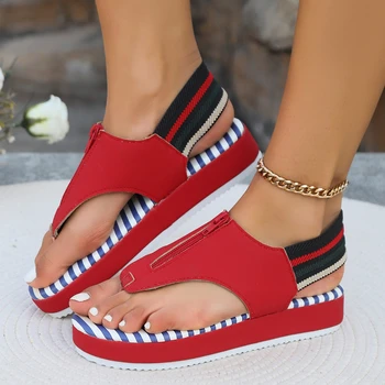 Еластична лента сандали за възрастни Mid Heel Casual 2024 Висококачествени дамски обувки Solid Zipper Flat с модни дамски сандали
