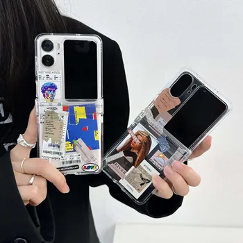 За Oppo Намерете N2 флип 5G Ins арт етикет дейвид ретро удароустойчив компютър твърд 3 в 1 хартиен калъф за телефон гривна заден капак